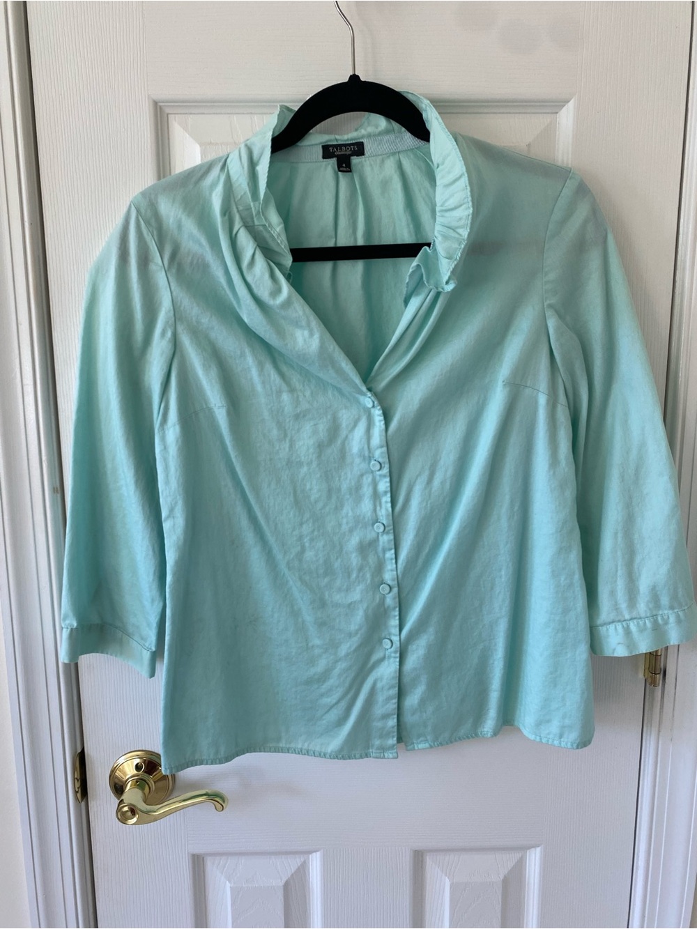 Talbots Light Mint Ruffle Collar Button-Down Blouse